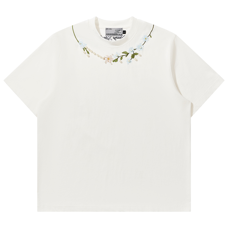 Loose Round Neck Short Sleeve T-Shirt with Pearl Flower Embroidery – Unisex Plant Series, Perfect for Y2K and Korean Style Fashion