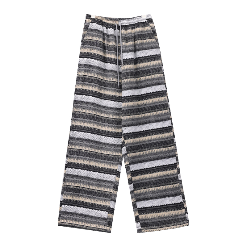 Loose Tea Cocoa Striped Thickened Wool Wide-Leg Pants for Women, Elastic Waist Straight Sweatpants, 90s Inspired Autumn Winter Fashion