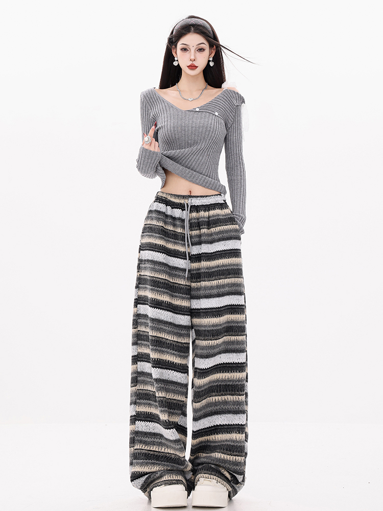 Loose Tea Cocoa Striped Thickened Wool Wide-Leg Pants for Women, Elastic Waist Straight Sweatpants, 90s Inspired Autumn Winter Fashion