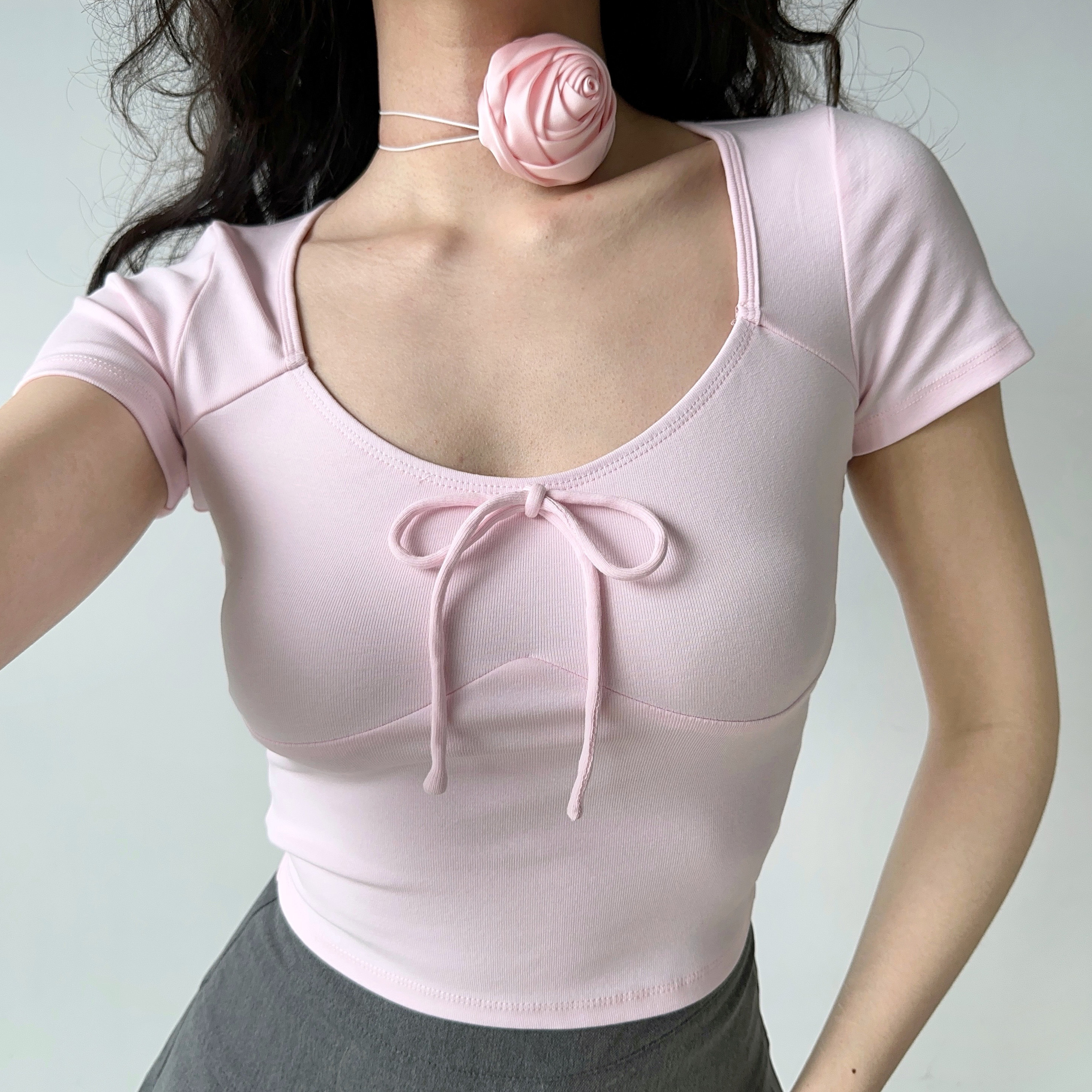Low-Cut Round Neck Short Sleeve Fitted Ballet Style Cropped T-Shirt for Women - European American Summer Fashion