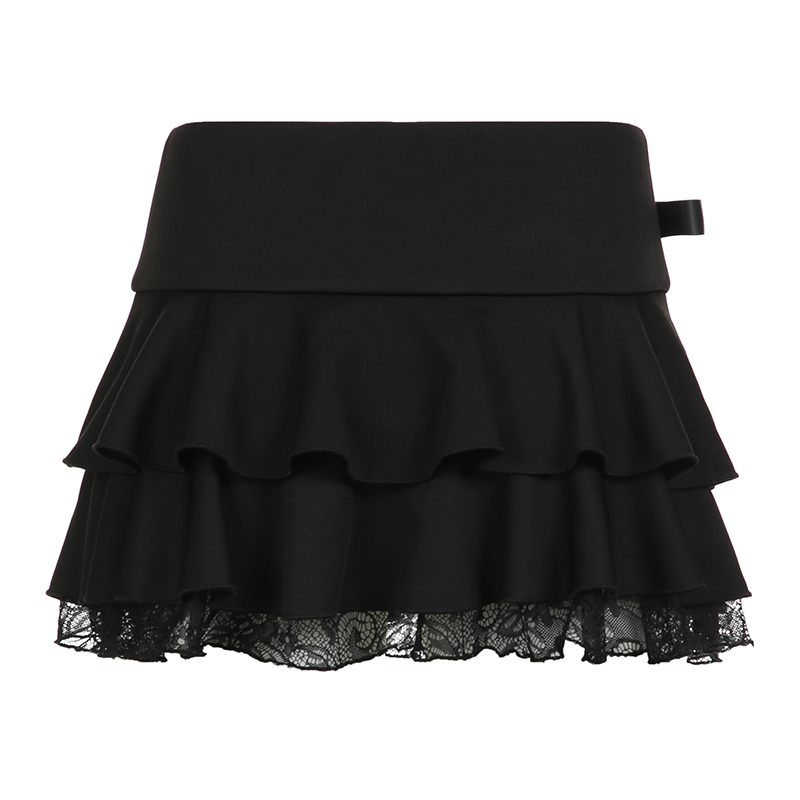 Low-Waist Lace Hem Bow Tie Pleated A-Line Skirt - JK Girl Style Double-Layer Short Little Black Dress