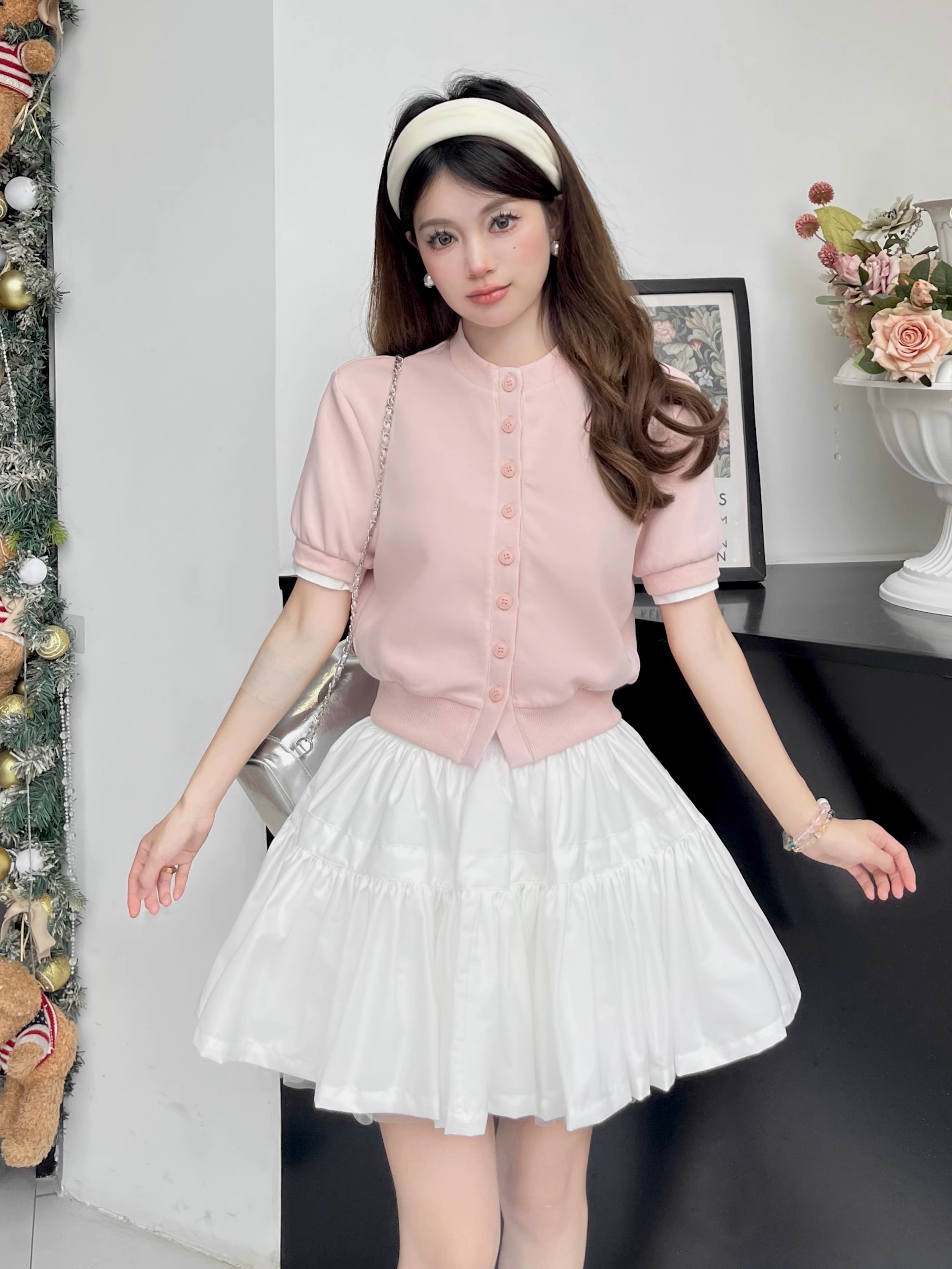 Luxury Thousand Gold Slimming Waist Contrast Color Fake Two-Piece Short Sleeve Cardigan Jacket with Puff Skirt for Women