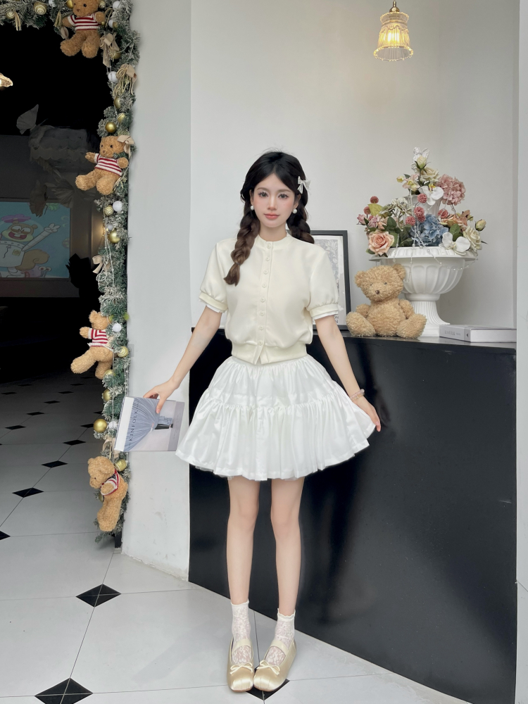 Luxury Thousand Gold Slimming Waist Contrast Color Fake Two-Piece Short Sleeve Cardigan Jacket with Puff Skirt for Women