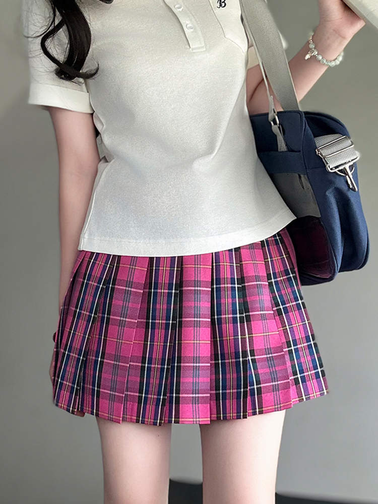 Magenta Women's College Style Plaid Skirt - Berry Pudding Bear JK Uniform Summer Short Skirt 2025, Cute Y2K Fashion