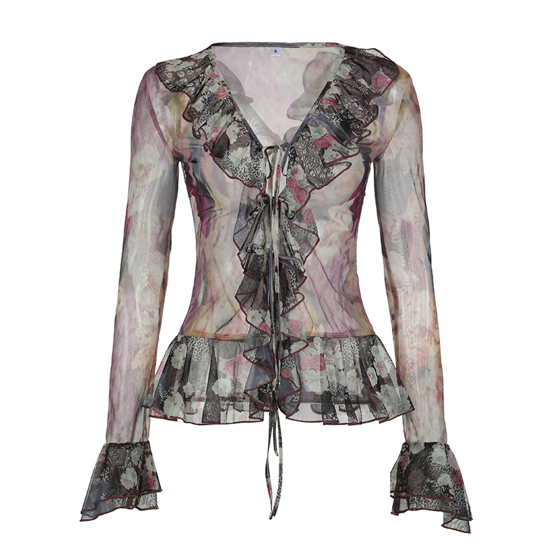 Maximalist Ruffle Tie Blouse for Women - Vintage-Inspired Colorful Shirt with Artistic Design, Perfect for Y2K and Trendy Styles