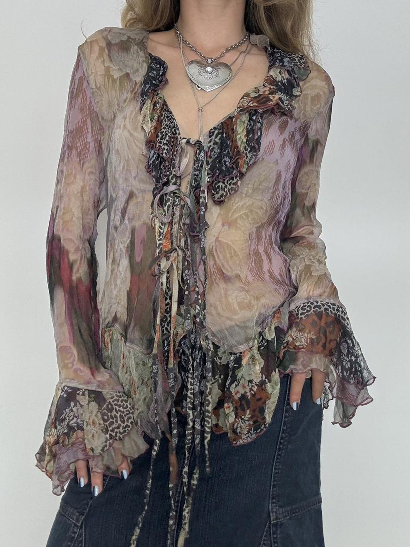 Maximalist Ruffle Tie Blouse for Women - Vintage-Inspired Colorful Shirt with Artistic Design, Perfect for Y2K and Trendy Styles
