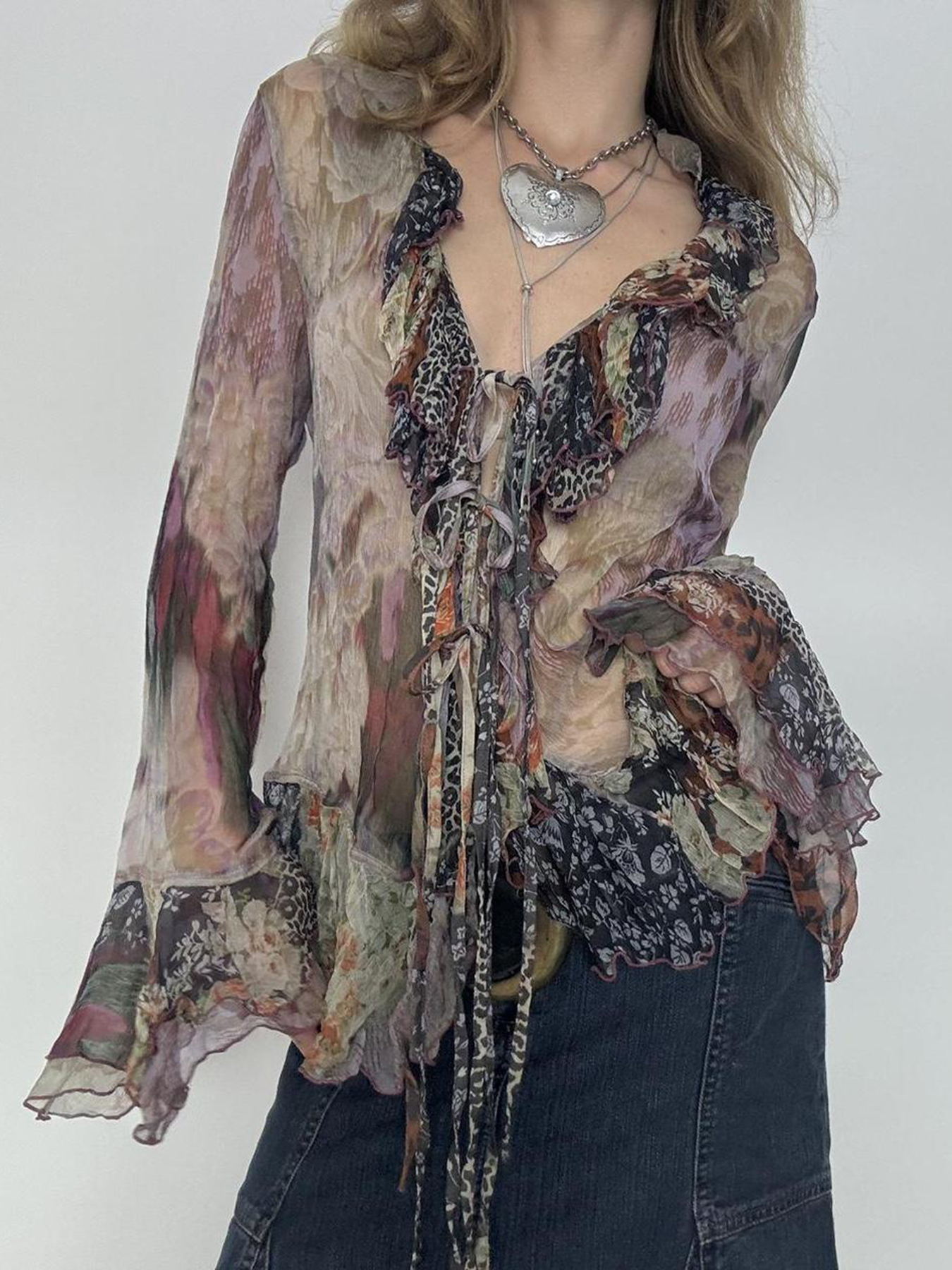 Maximalist Ruffle Tie Blouse for Women - Vintage-Inspired Colorful Shirt with Artistic Design, Perfect for Y2K and Trendy Styles