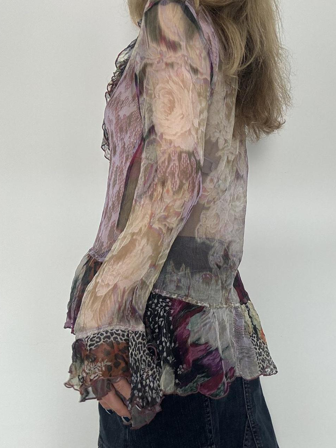 Maximalist Ruffle Tie Blouse for Women - Vintage-Inspired Colorful Shirt with Artistic Design, Perfect for Y2K and Trendy Styles