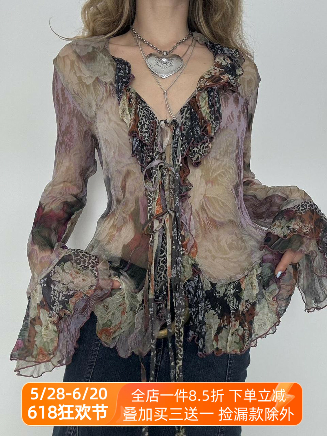 Maximalist Ruffle Tie Blouse for Women - Vintage-Inspired Colorful Shirt with Artistic Design, Perfect for Y2K and Trendy Styles