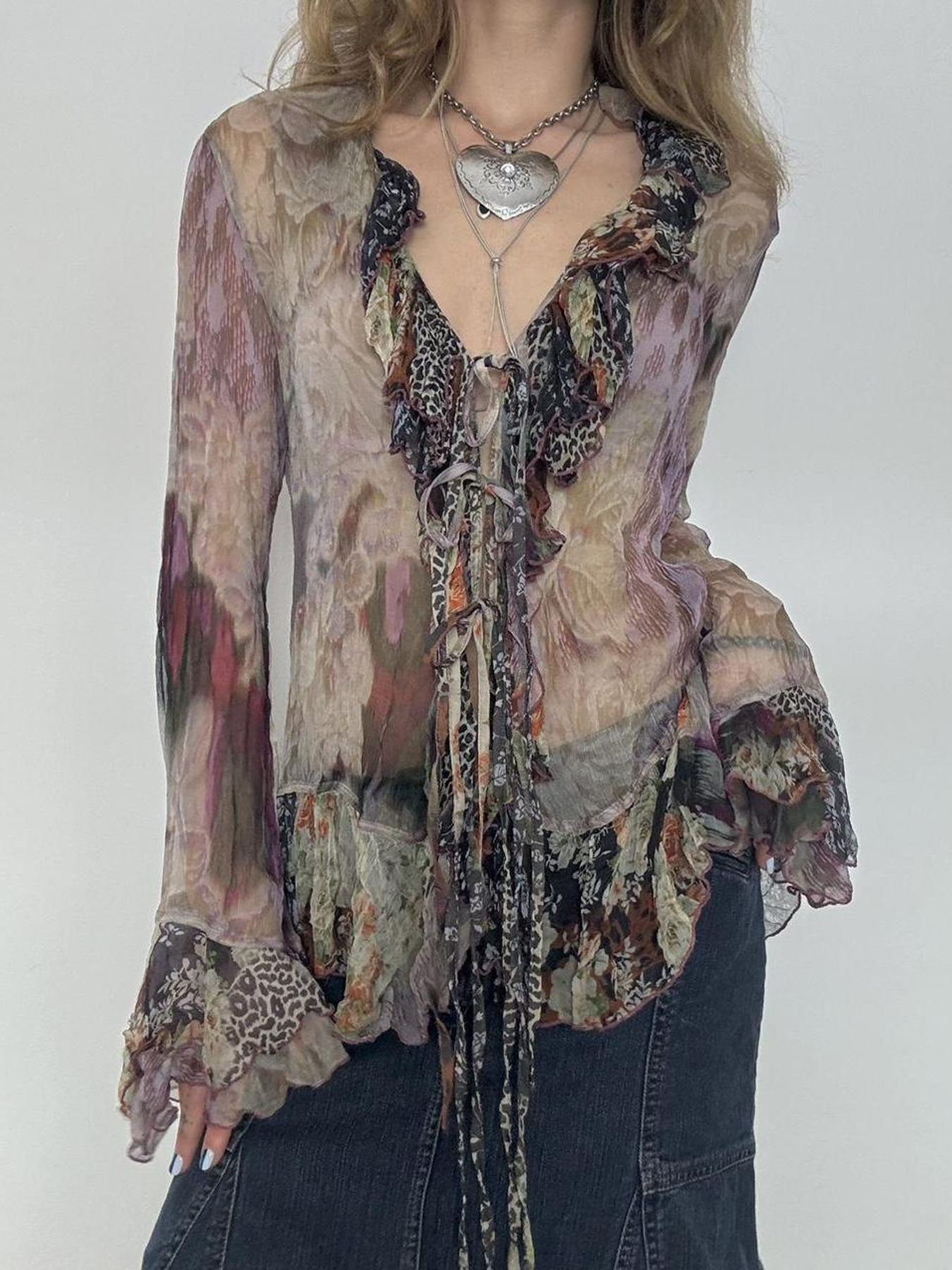 Maximalist Ruffle Tie Blouse for Women - Vintage-Inspired Colorful Shirt with Artistic Design, Perfect for Y2K and Trendy Styles