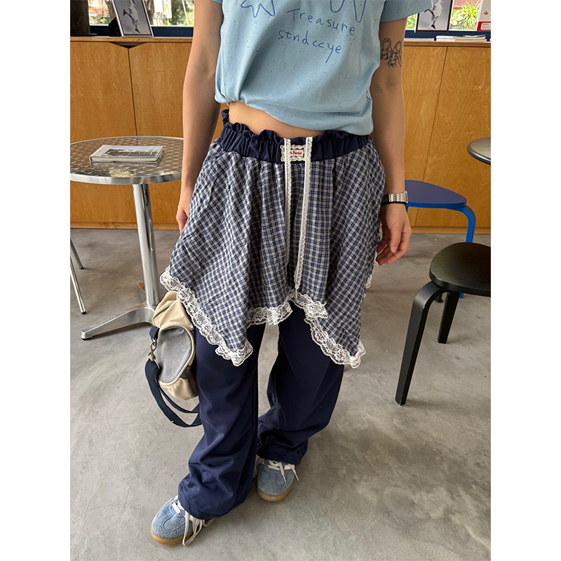 Men's and Women's Summer Plaid Sweatpants - Two-Piece Lace Splicing, Elastic Waist, Tapered Casual Pants, Y2K Style