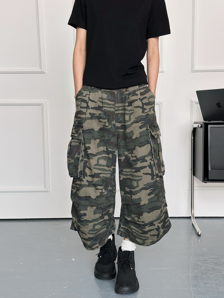 Men's Casual Wide-Leg Camouflage Seven-Point Shorts - Retro American Style Versatile Summer Work Pants