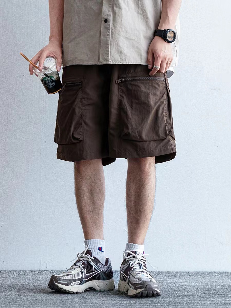 Men's Japanese Retro Summer Solid Color Loose Casual Shorts, Quick-Dry Multi-Pocket Five-Point Sports Pants