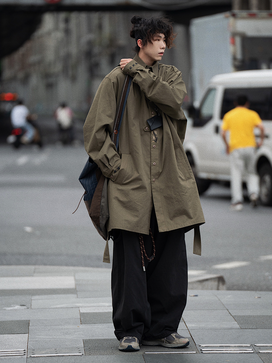 Men's Japanese Style Herringbone Bamboo Blend Shirt Jacket - Loose Windproof Coat for Spring and Autumn Fashion