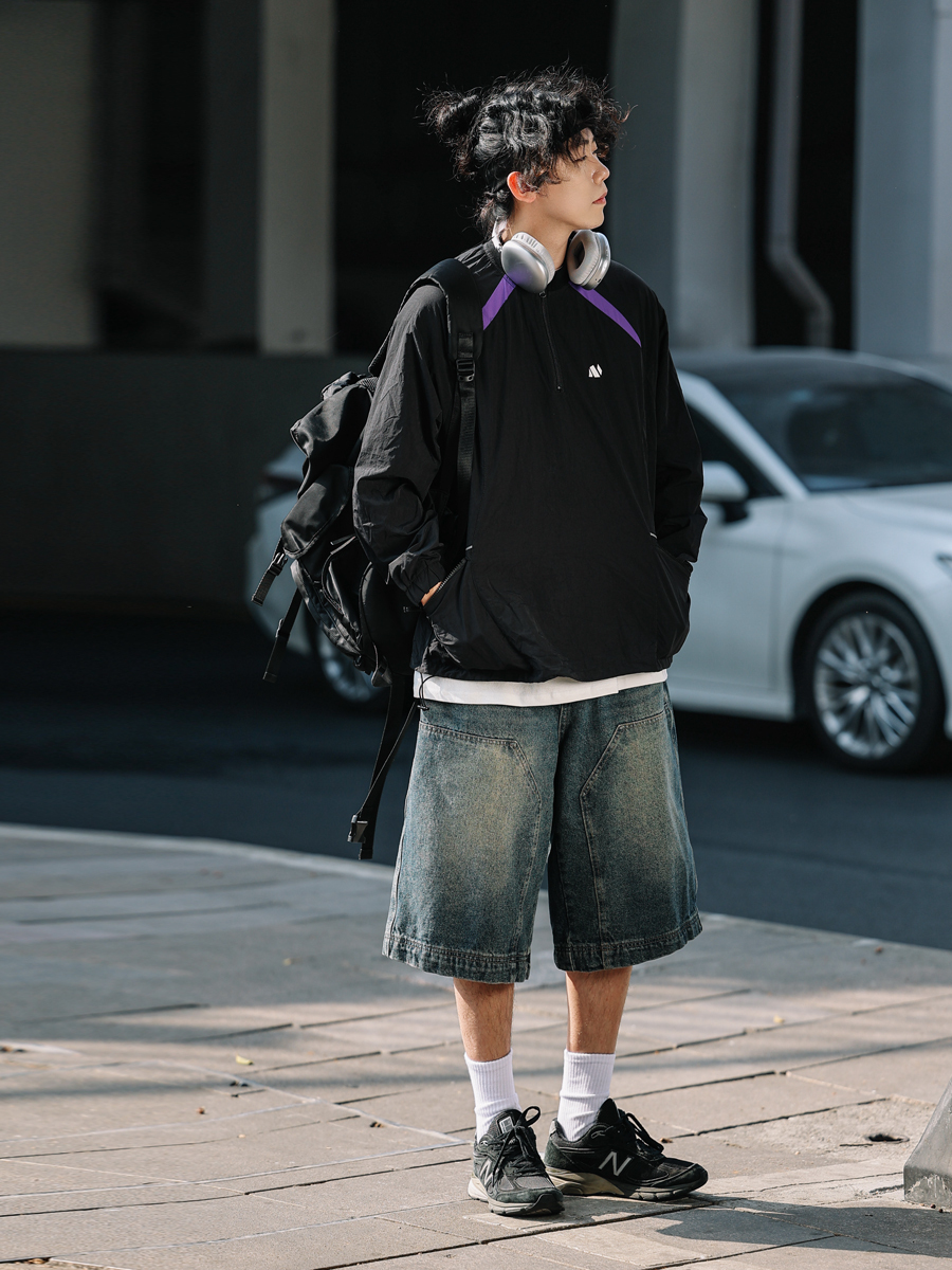 Men's Loose Wide-Leg Denim Shorts - Retro Patchwork Gradient Seven-Point Pants for Summer Casual Style