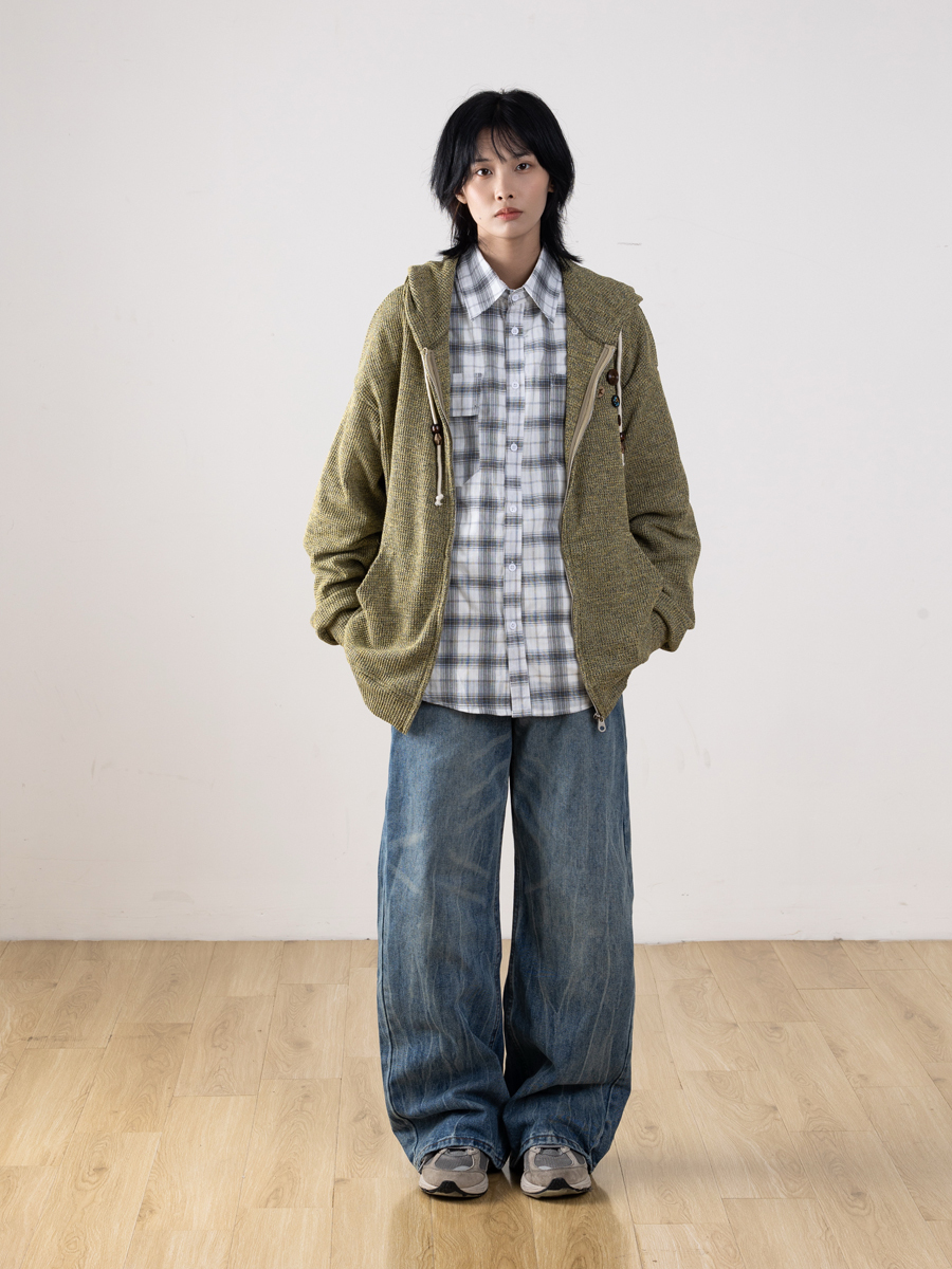 Men's Retro Distressed Straight-Leg Jeans with Lightning Pattern - Gradient Wide-Leg Style for a 90s American Fashion Look