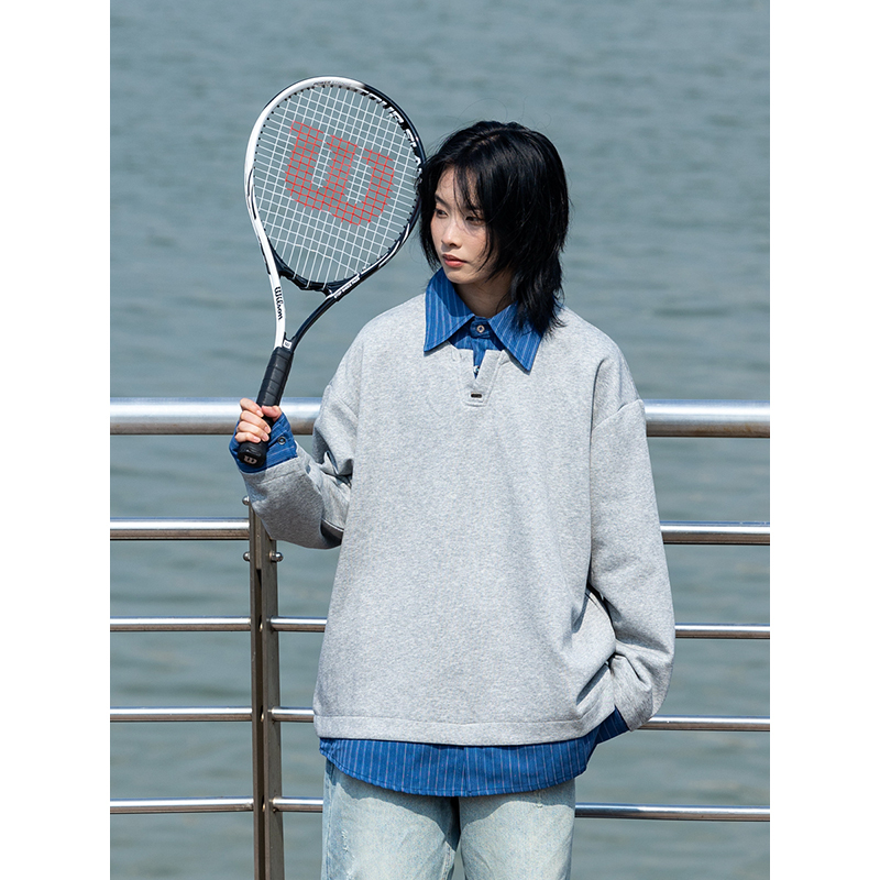 Men's Retro Striped Color-Block Fake Two-Piece Sweatshirt with V-Neck Design - Loose Fit, Versatile Style for 90s and Y2K Inspired Looks