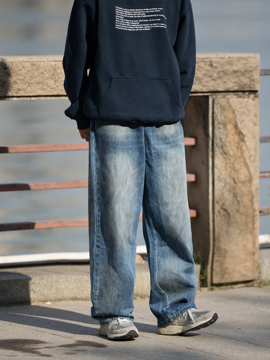Men's Retro Washed Gradient Light Blue Jeans - Straight Loose Fit for Autumn - Casual 90s Style Long Pants