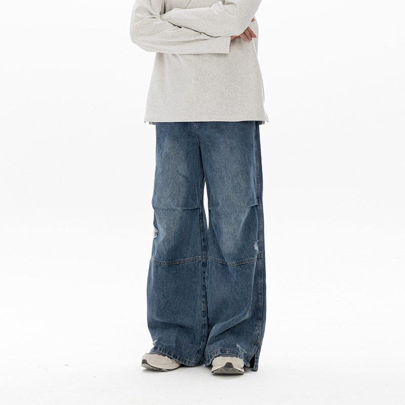 Men's Retro Washed Ripped Jeans with Monkey Hole Detail - Straight Wide-Leg Long Pants, Niche Design for 90s and Y2K Style