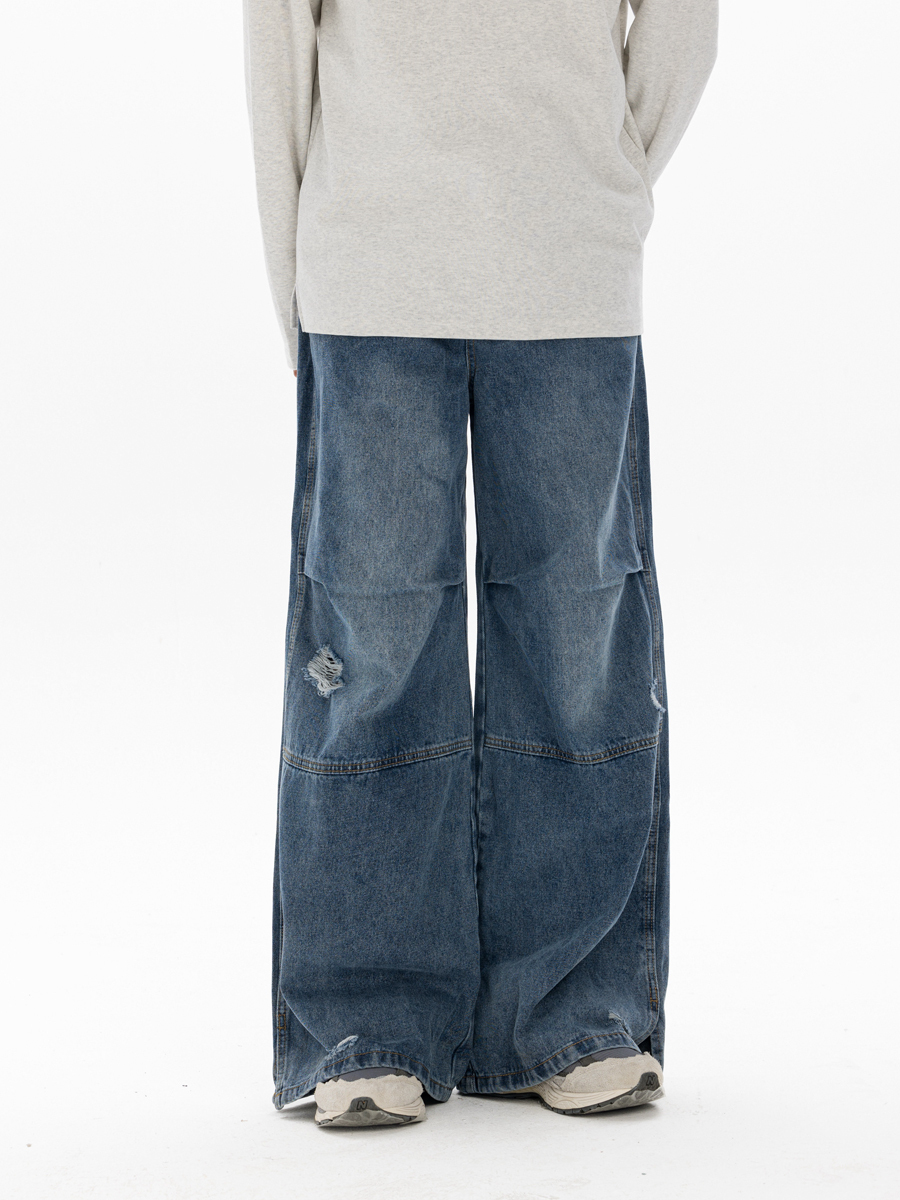 Men's Retro Washed Ripped Jeans with Monkey Hole Detail - Straight Wide-Leg Long Pants, Niche Design for 90s and Y2K Style