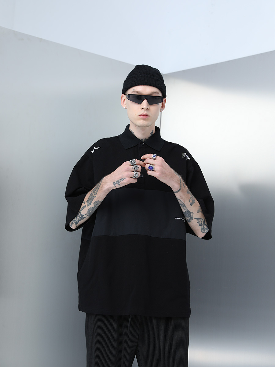 Men's Short Sleeve Polo Shirt - Nylon Spliced Layered Silhouette, Y2K Inspired Fashion