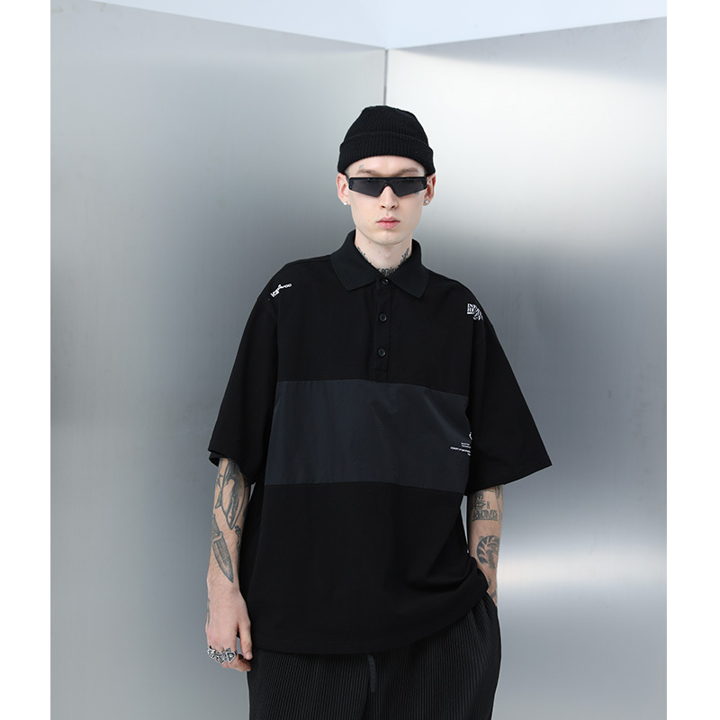 Men's Short Sleeve Polo Shirt - Nylon Spliced Layered Silhouette, Y2K Inspired Fashion