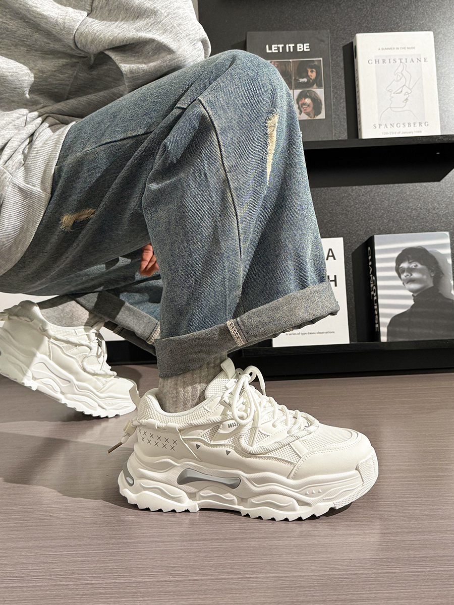 Men's Thick-Soled White Sneakers - Breathable Dad Shoes for Summer 2025 - Casual Sports Footwear, Trendy Retro Style