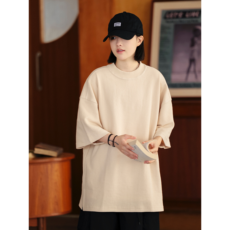 Men's Waffle Texture Loose Fit Solid Color Round Neck Short Sleeve T-shirt, Casual Versatile Couple Shirt, Y2K Inspired Style