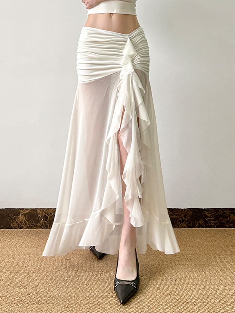 Mesh Spliced Ruffled Ribbon Split Hem Low-Waist Pleated Bodycon Long Skirt for Vacation Style and Effortless Elegance