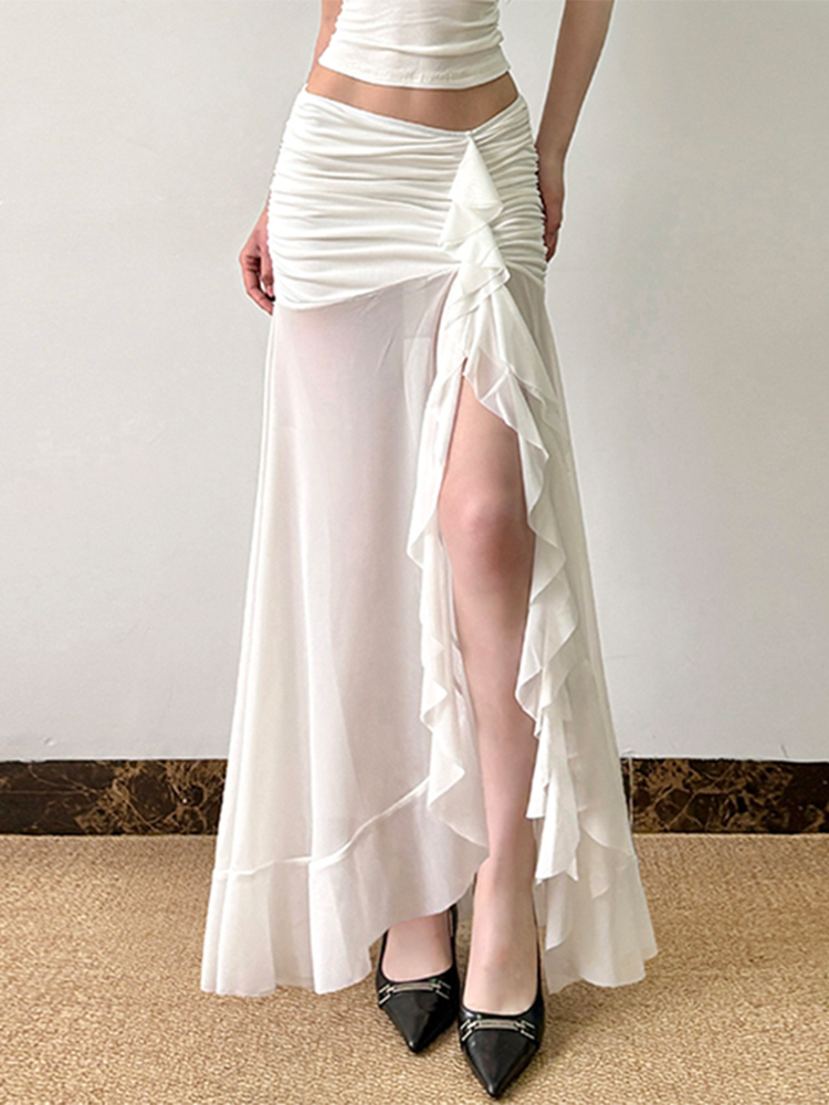 Mesh Spliced Ruffled Ribbon Split Hem Low-Waist Pleated Bodycon Long Skirt for Vacation Style and Effortless Elegance