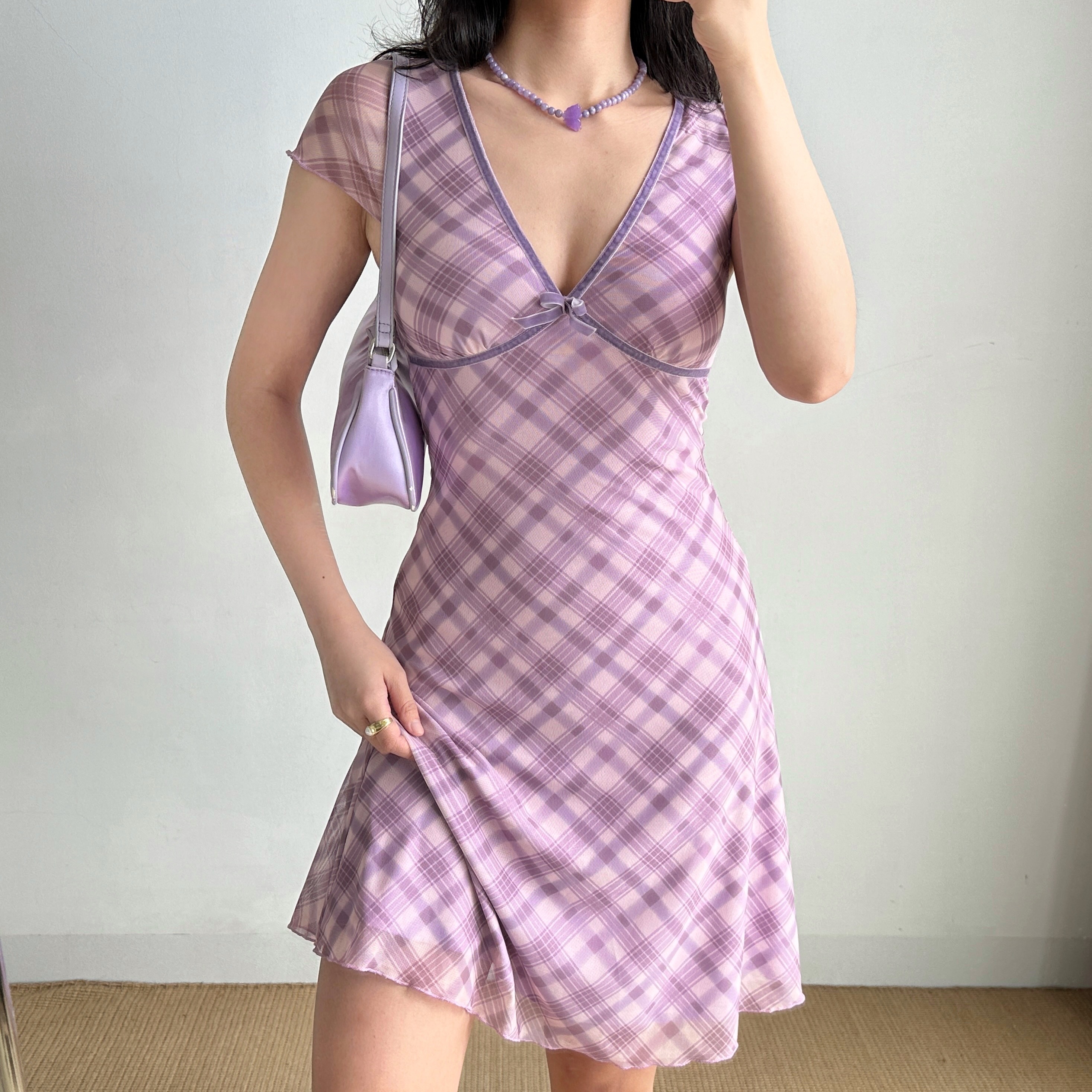 Mid-Length Deep V-Neck Plaid Mesh Dress - Sexy European & American Style Women's Vacation Dress, Perfect for 90s and Y2K Fashion