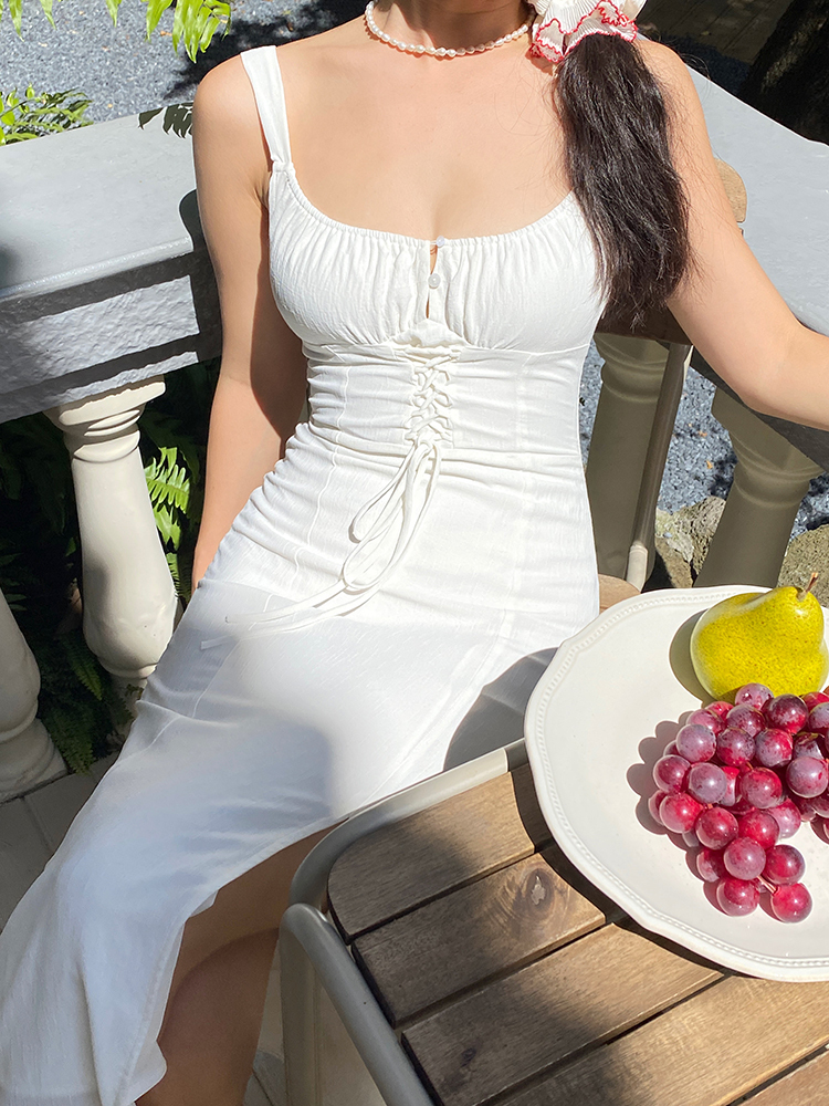Mid-Length White Dress with Waist-Cinching Tie-Back, Split Skirt - French Pure Desire Style, Chic Summer Fashion