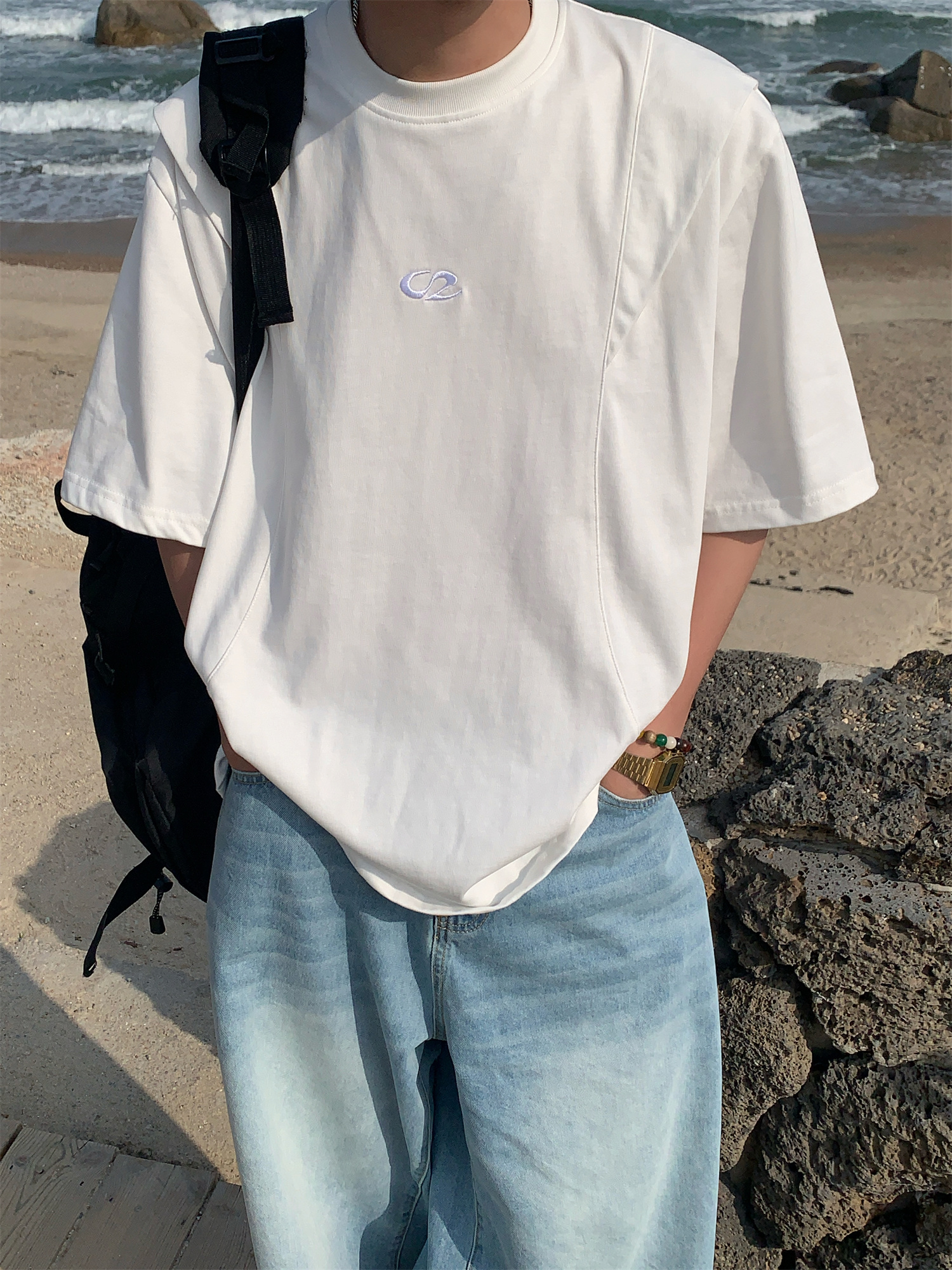 Mid-Summer American Cut Letter Embroidered Casual Short Sleeve T-Shirt - Loose Fit, Cool Feel, Trendy Summer Style