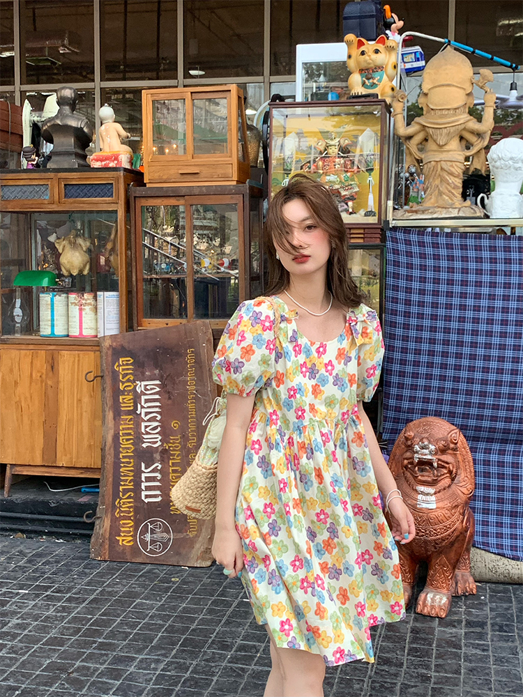 Midsummer Afternoon Retro Floral Short Sleeve Dress for Women, Summer Puff Sleeve A-Line High Waist Long Skirt, Vintage Style