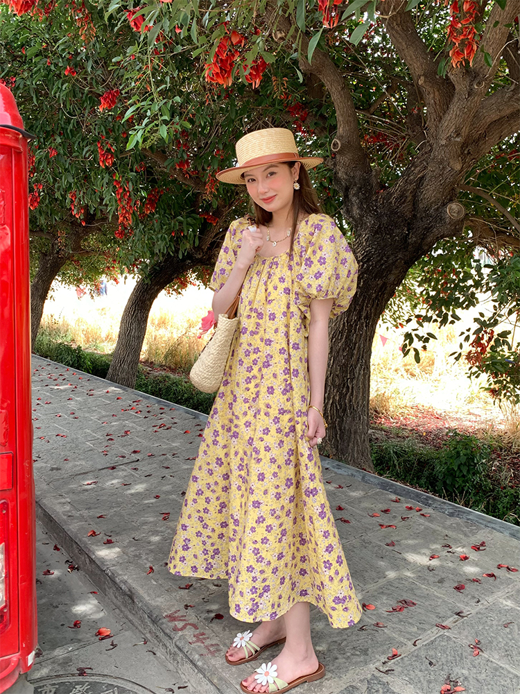 Midsummer Flower Garden U-Neck Short Sleeve Dress for Women - Vintage French Romantic Loose Puff Sleeve Summer Dress