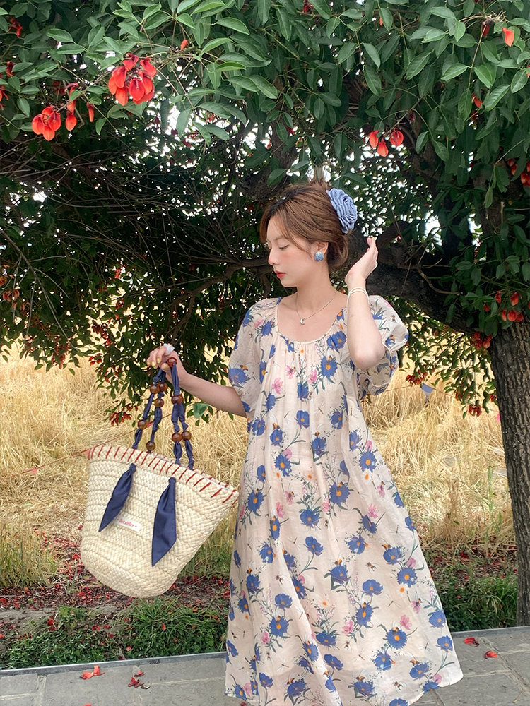 Midsummer Flower Garden U-Neck Short Sleeve Dress for Women - Vintage French Romantic Loose Puff Sleeve Summer Dress