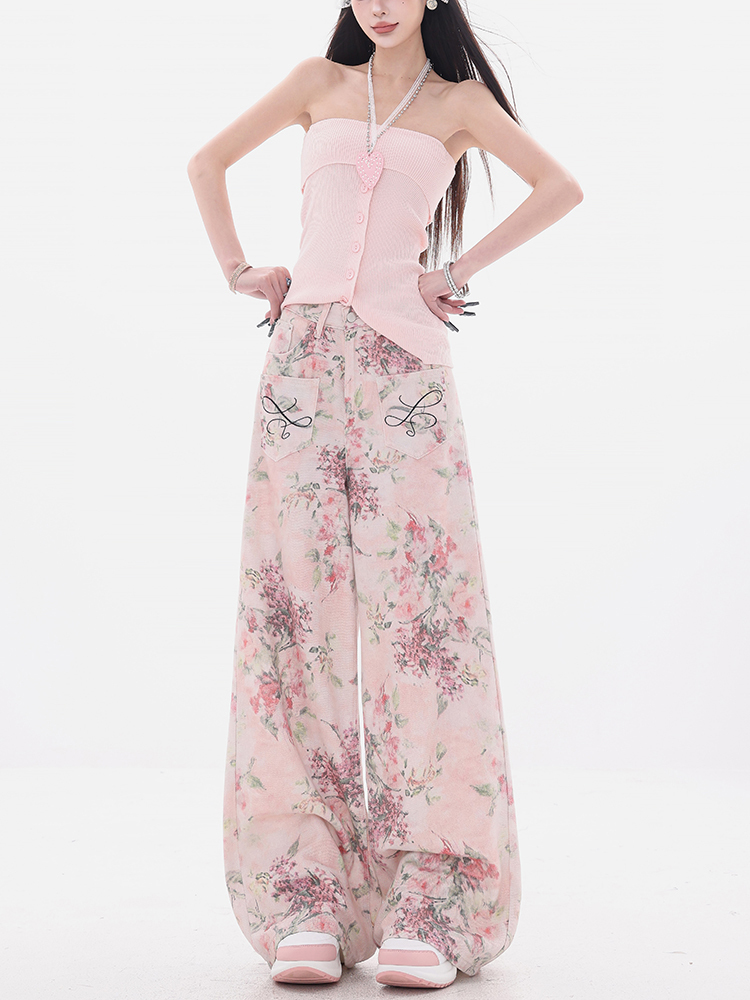 Midsummer Rose Floral Printed Denim Pants for Women, Casual Wide-Leg Trousers, Summer 2023 Chinese Style Fashion
