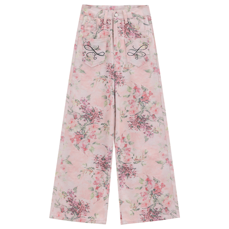 Midsummer Rose Floral Printed Denim Pants for Women, Casual Wide-Leg Trousers, Summer 2023 Chinese Style Fashion
