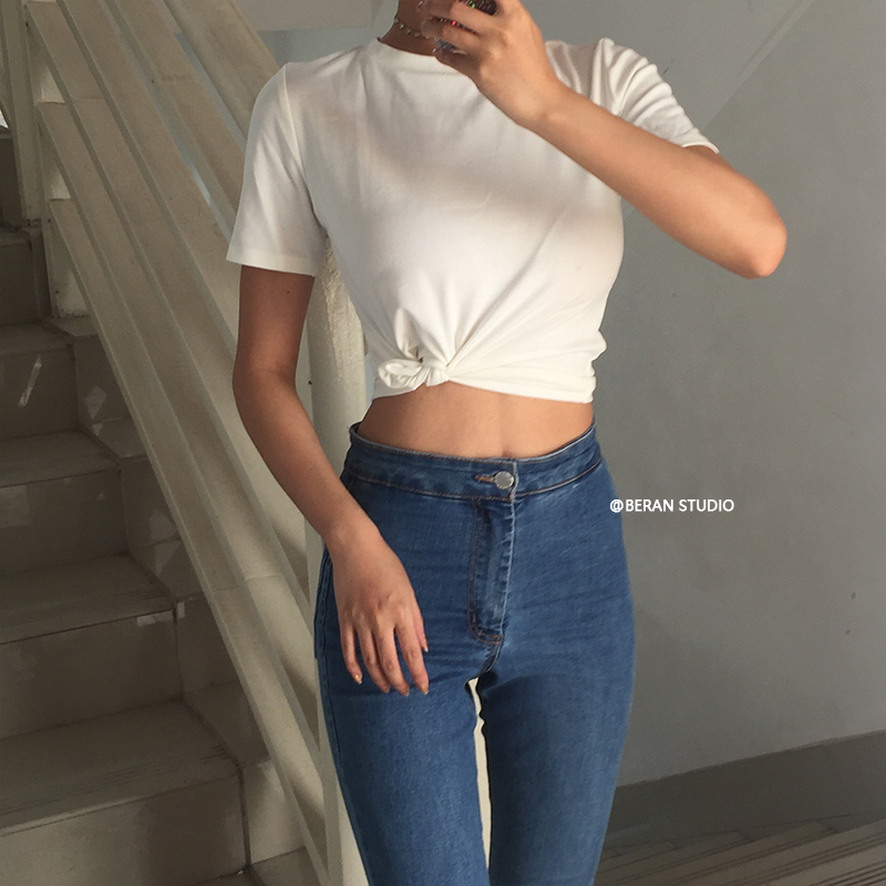 Minimalist Solid Color High-Quality Round Neck Short Sleeve T-Shirt Top - High-Waisted, European and American Style