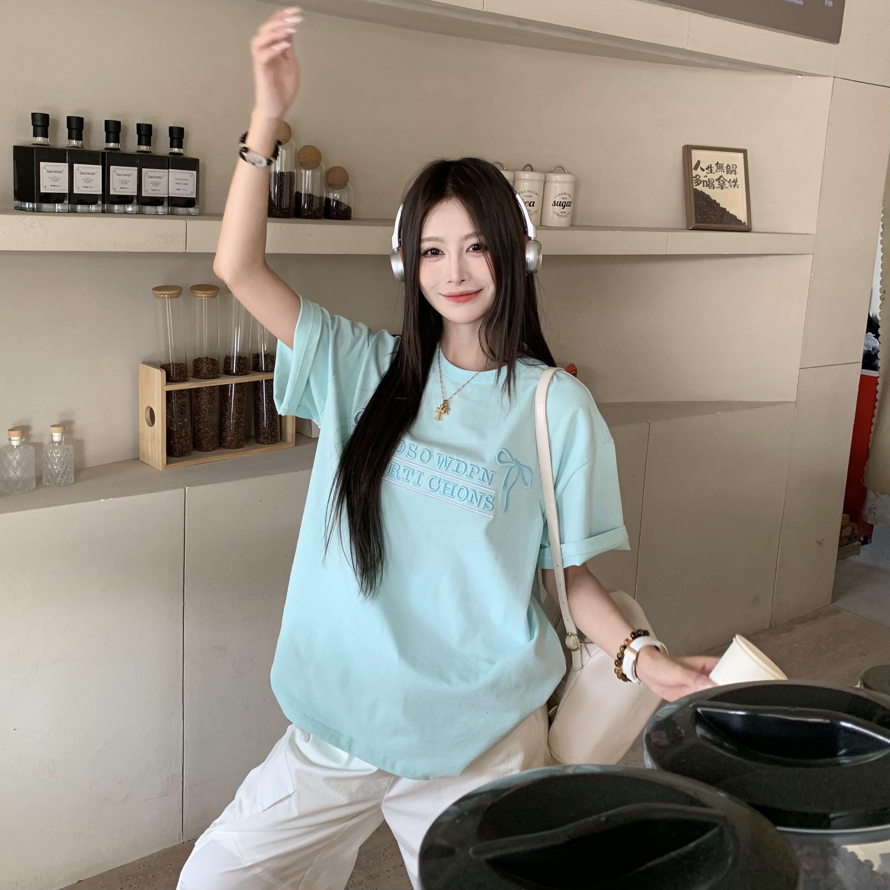 Mint Green Embroidered Short Sleeve T-Shirt for Women - 2025 Summer Lazy Loose Versatile Top - Y2K Style