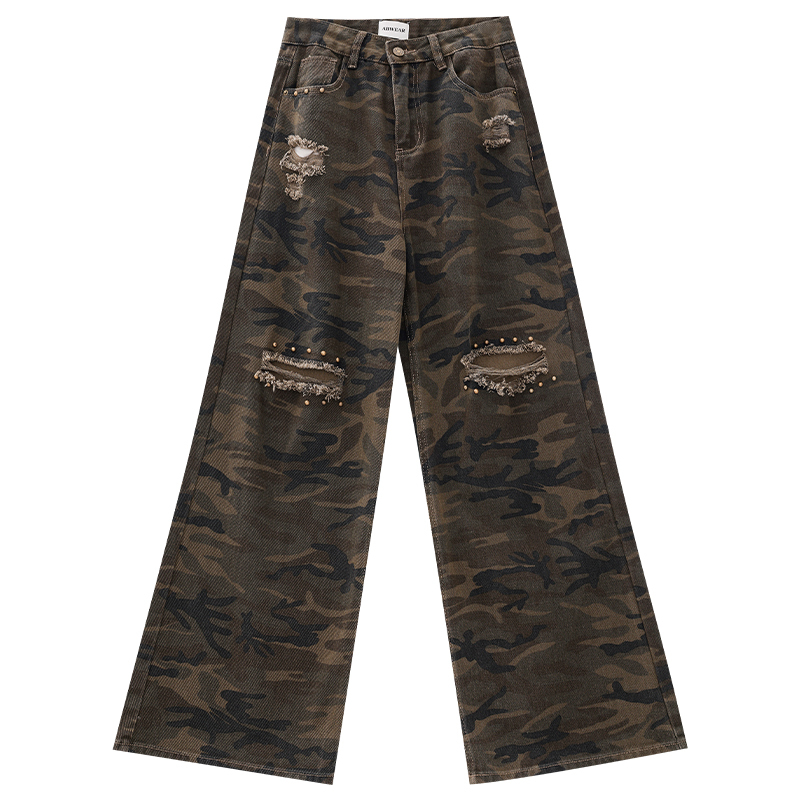 Misty Forest Camouflage Ripped Jeans for Women - Summer Thin Loose Wide-Leg Pants, Casual Y2K Style