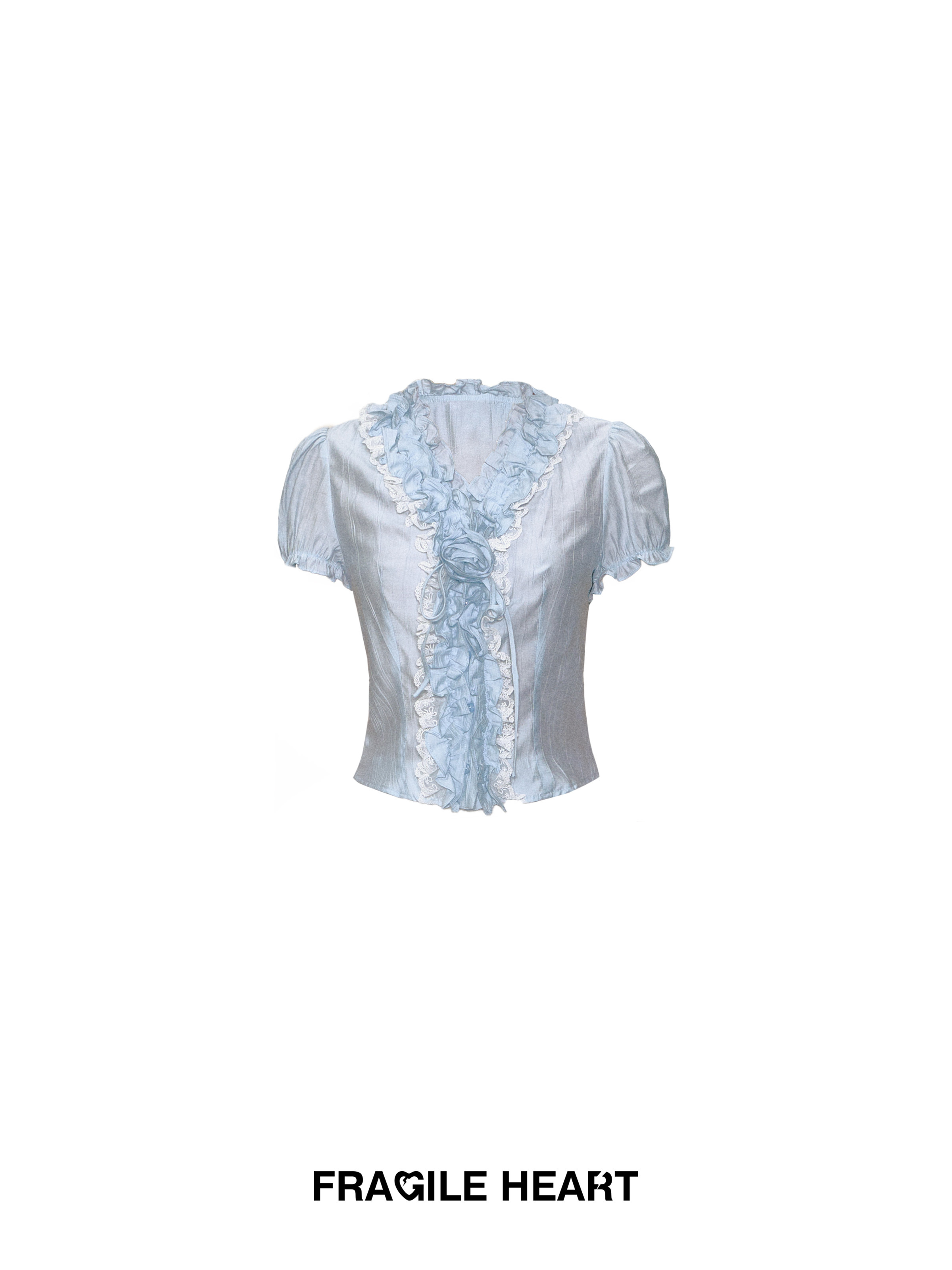 Misty Girl Gray-Blue French Floral Puff Sleeve Short-Sleeve Top - Y2K Inspired Fashion Blouse for Women