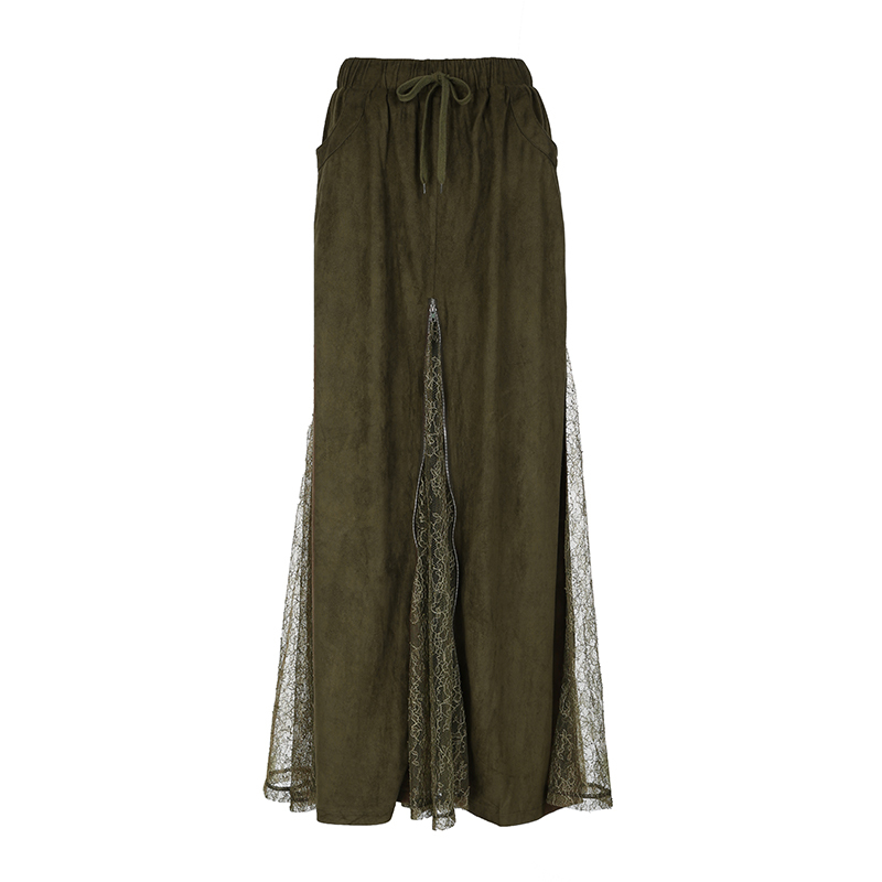 Moss Green Retro Vintage Zipper Spliced Lace A-Line Midi Skirt - 90s Inspired Niche Long Skirt for Unique Style