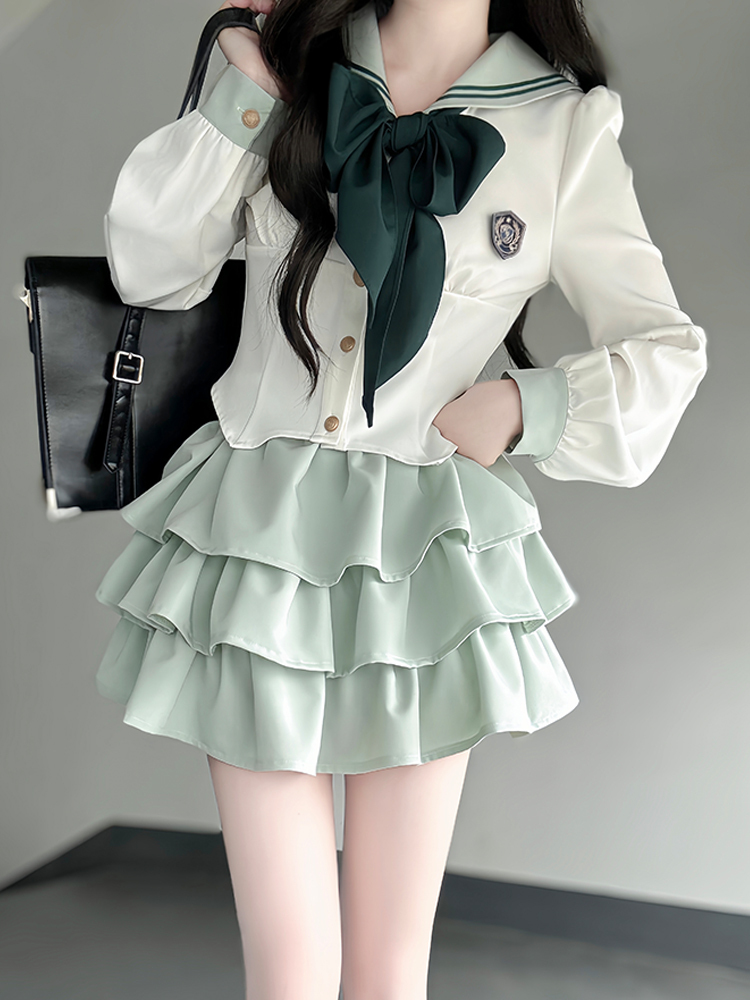 Navy Collar JK Uniform Cake Skirt with Long Sleeve Top, College Style Japanese Sailor Suit, Slimming Outfit for Women