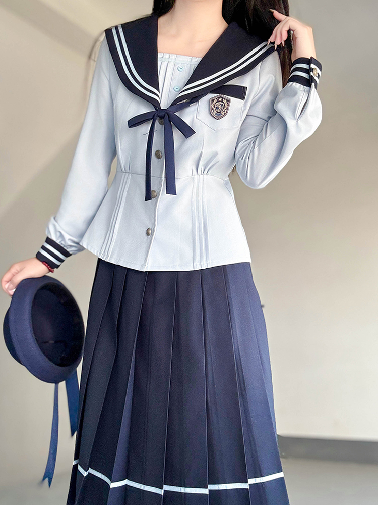 Navy Collar Long Sleeve Top and Blue Long Skirt Set - Pudding Bear JK Style, School Supply Fashion, Y2K Academy Chic