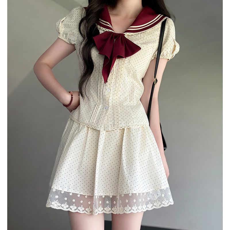 Navy Polka Dot Short Sleeve JK Uniform Set with Waist-Defining Design - Sweet Summer College Style