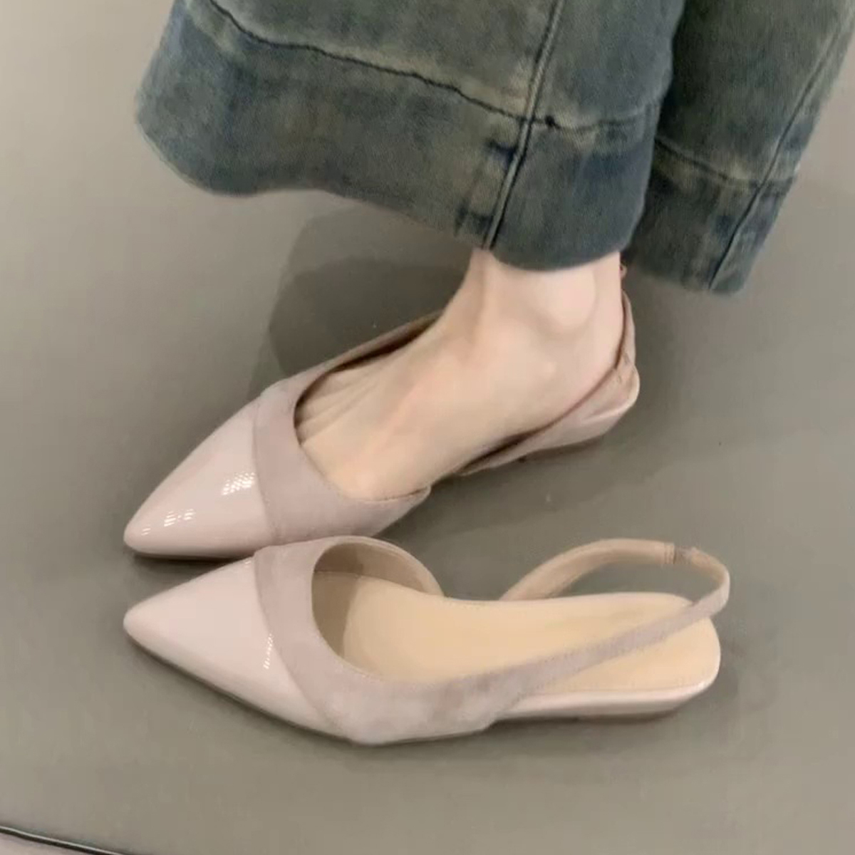 Nude Color Sheepskin Wedge Sandals for Women - Pointed Toe, Backless, Open Toe, French Gentle Style, Commuting Footwear