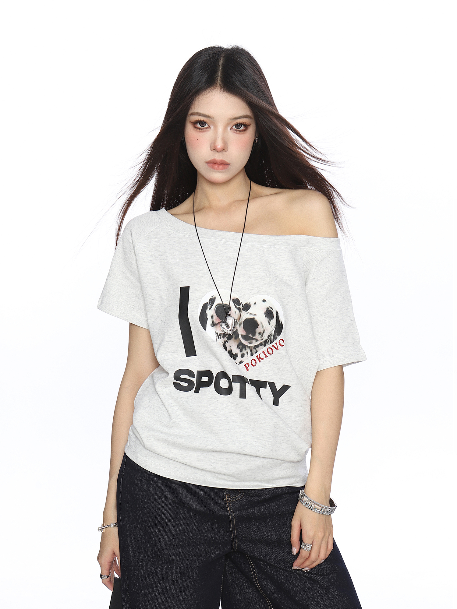 Off-Shoulder American Dalmatian T-Shirt for Women - Summer Slim Fit Short Sleeve Waist-Defining Top - Trendy Casual Style