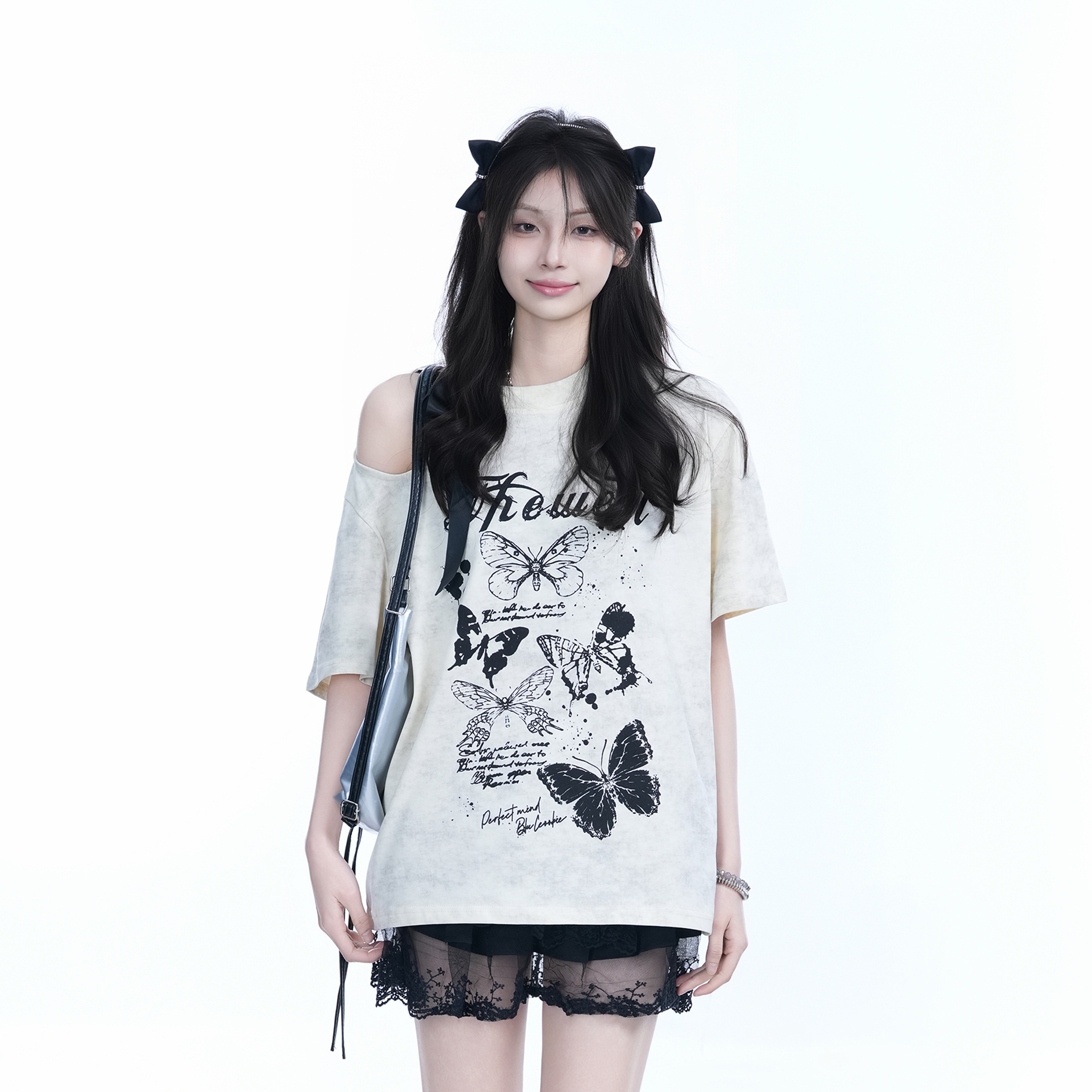 Off-Shoulder Butterfly Knot Tie Short Sleeve T-Shirt for Women - Summer Loose Fit Casual Top, Sweet Cool Style, Y2K Aesthetic