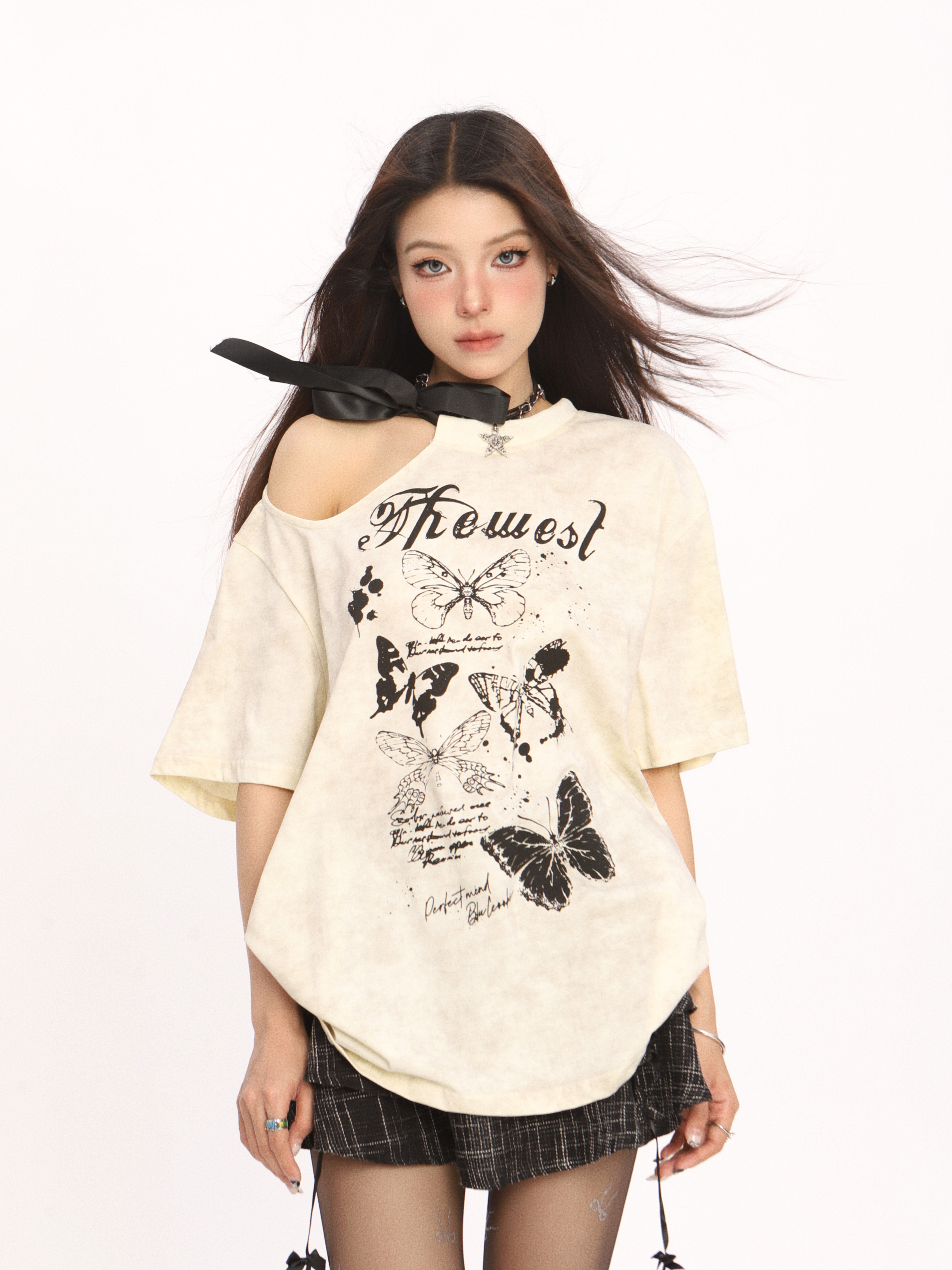 Off-Shoulder Butterfly Short Sleeve T-Shirt for Women - American Style Summer Top, Casual Y2K Hot Girl Fashion